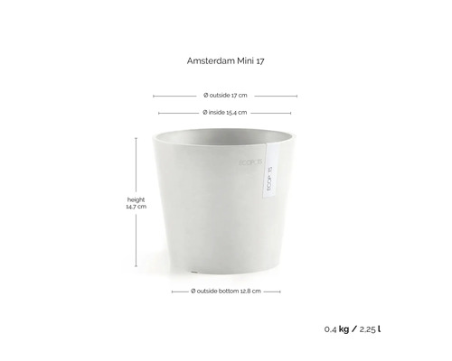 Pot de fleurs gris ECOPOTS Amsterdam Mini 17 : hauteur 14,7 centimètres, diamètre 17 centimètres, volume 2,25 litres, poids 0,4 kilogramme.