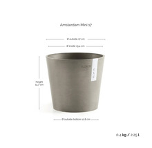 Ecopots Blumentopf Amsterdam Mini 17 mit Maßen: Durchmesser außen 17 Zentimeter, innen 15,4 Zentimeter, Höhe 14,7 Zentimeter, Volumen 2,25 Liter.