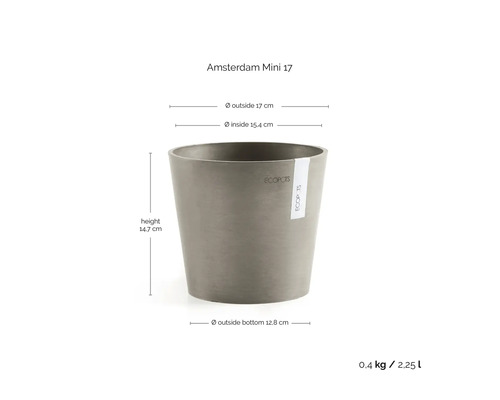 Ecopots Blumentopf Amsterdam Mini 17 mit Maßen: Durchmesser außen 17 Zentimeter, innen 15,4 Zentimeter, Höhe 14,7 Zentimeter, Volumen 2,25 Liter.