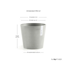 Grauer Blumentopf Amsterdam Mini 17 von ECOPOTS. Maße: Höhe 14,7 Zentimeter, Außendurchmesser 17 Zentimeter, Innendurchmesser 15,4 Zentimeter.