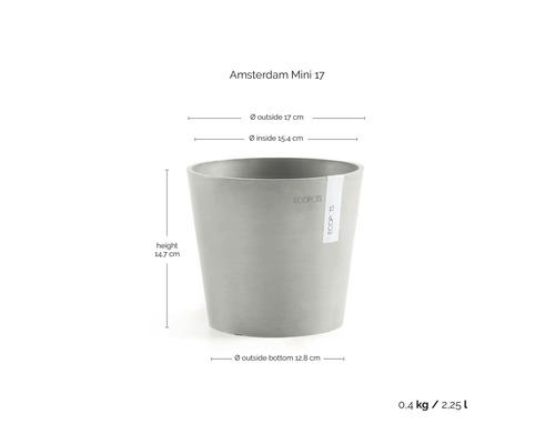 Grauer Blumentopf Amsterdam Mini 17 von ECOPOTS. Maße: Höhe 14,7 Zentimeter, Außendurchmesser 17 Zentimeter, Innendurchmesser 15,4 Zentimeter.