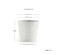 Pot de fleurs Ecopots Amsterdam 20: diamètre extérieur 20 centimètres, diamètre intérieur 18,5 centimètres, hauteur 17,1 centimètres, volume 4 litres.
