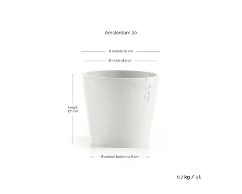 Pot de fleurs Ecopots Amsterdam 20: diamètre extérieur 20 centimètres, diamètre intérieur 18,5 centimètres, hauteur 17,1 centimètres, volume 4 litres.