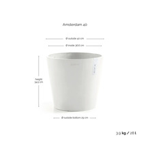 Pot de fleurs Ecopots Amsterdam 40: diamètre extérieur 40 centimètres, intérieur 36,6 centimètres, hauteur 34,5 centimètres, volume 28 litres.