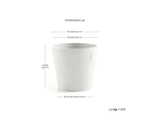 Pot de fleurs Ecopots Amsterdam 40: diamètre extérieur 40 centimètres, intérieur 36,6 centimètres, hauteur 34,5 centimètres, volume 28 litres.