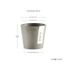 Ecopots Amsterdam Mini 8 Blumentopf mit Maßen: Höhe 7 Zentimeter, Außendurchmesser 8 Zentimeter, Volumen 0,25 Liter.