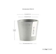 Ecopots Blumenübertopf Amsterdam Mini 8 mit Maßen: Höhe 7 Zentimeter, Außendurchmesser 8 Zentimeter, Innendurchmesser 6,8 Zentimeter, Boden 6 Zentimeter, Volumen 0,25 Liter.