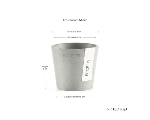 Ecopots Blumenübertopf Amsterdam Mini 8 mit Maßen: Höhe 7 Zentimeter, Außendurchmesser 8 Zentimeter, Innendurchmesser 6,8 Zentimeter, Boden 6 Zentimeter, Volumen 0,25 Liter.