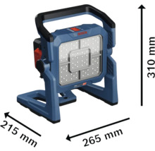 Projecteur de chantier sans fil Bosch avec les dimensions 215 mm, 265 mm et 310 mm.