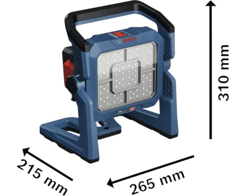 Projecteur de chantier sans fil Bosch avec les dimensions 215 mm, 265 mm et 310 mm.