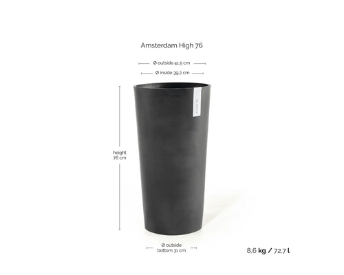 ECOPOTS Pflanzkübel Amsterdam High 76, Kunststoff, Höhe 76 Zentimeter, Außendurchmesser oben 41,5 Zentimeter, Volumen 72,7 Liter.