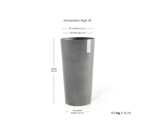 Pot de fleurs haut gris ECOPOTS Amsterdam High 76 : hauteur 76 centimètres, diamètre extérieur 41,5 centimètres, volume 72,7 litres.