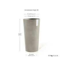 Hoher Pflanzkübel Amsterdam High 76 von ECOPOTS. Höhe 76 Zentimeter, Außendurchmesser oben 41,5 Zentimeter, unten 31 Zentimeter, Volumen 72,7 Liter.