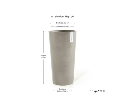 Hoher Pflanzkübel Amsterdam High 76 von ECOPOTS. Höhe 76 Zentimeter, Außendurchmesser oben 41,5 Zentimeter, unten 31 Zentimeter, Volumen 72,7 Liter.