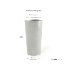 Ecopots Amsterdam High 76 Blumentopf mit Ecopots Logo: Höhe 76 Zentimeter, Außendurchmesser 41,5 Zentimeter, Gewicht 8,6 Kilogramm, Volumen 72,7 Liter.
