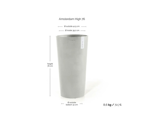 Ecopots Amsterdam High 76 Blumentopf mit Ecopots Logo: Höhe 76 Zentimeter, Außendurchmesser 41,5 Zentimeter, Gewicht 8,6 Kilogramm, Volumen 72,7 Liter.