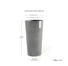 Ecopots Pflanzkübel Amsterdam Extra High 90: Höhe 90 Zentimeter, Außendurchmesser oben 50 Zentimeter, Volumen 124 Liter.
