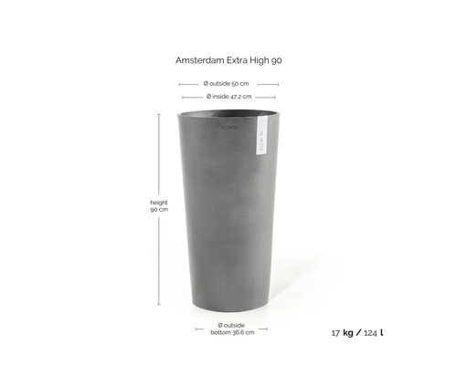 Ecopots Pflanzkübel Amsterdam Extra High 90: Höhe 90 Zentimeter, Außendurchmesser oben 50 Zentimeter, Volumen 124 Liter.