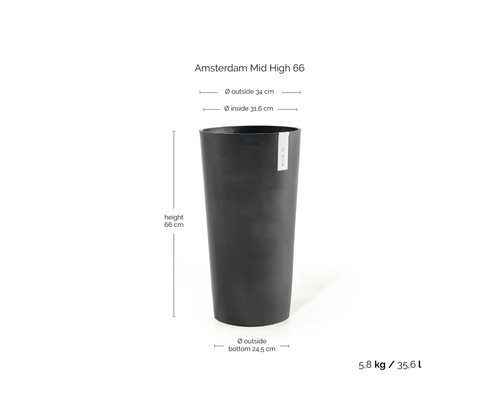 Hoher dunkler Blumentopf ECOPOTS Amsterdam Mid High 66 mit Abmessungen: Höhe 66 Zentimeter, Durchmesser 34 Zentimeter, Inhalt 35,6 Liter.