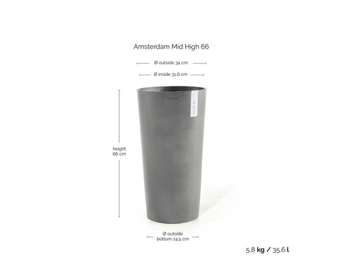 Graues Ecopots Amsterdam Mid High 66 Pflanzgefäß: Höhe 66 Zentimeter, Außendurchmesser 34 Zentimeter, Volumen 35,6 Liter, Gewicht 5,8 Kilogramm.