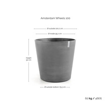Pot de fleurs Amsterdam Wheels 100: hauteur 90 centimètres, diamètre extérieur 100,2 centimètres, poids 60 kilogrammes, volume 466 litres.