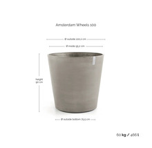 Bac à plantes rond gris Ecopots Amsterdam Wheels 100 : hauteur 90 centimètres, diamètre supérieur 100,2 centimètres, volume 466 litres.