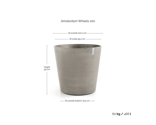 Bac à plantes rond gris Ecopots Amsterdam Wheels 100 : hauteur 90 centimètres, diamètre supérieur 100,2 centimètres, volume 466 litres.