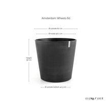 Pot de fleurs Amsterdam Wheels 60: hauteur 56 centimètres, diamètre 60 centimètres, volume 100 litres, poids 10,5 kilogrammes.