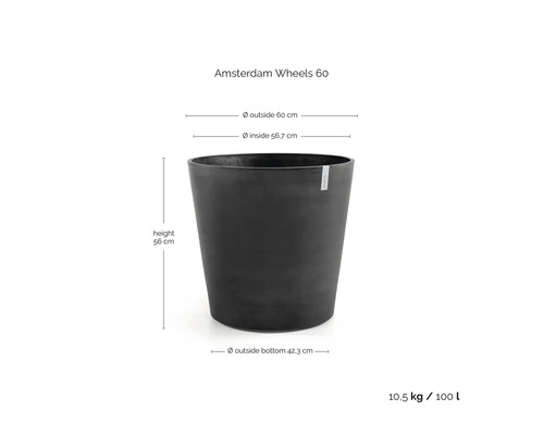 Pot de fleurs Amsterdam Wheels 60: hauteur 56 centimètres, diamètre 60 centimètres, volume 100 litres, poids 10,5 kilogrammes.