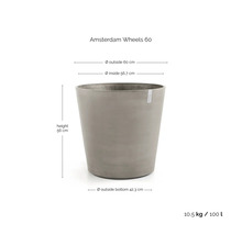 Pot de fleurs Amsterdam Wheels 60 avec dimensions: diamètre extérieur 60 centimètres, intérieur 56,7 centimètres, hauteur 56 centimètres, 100 litres.