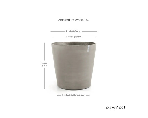Pot de fleurs Amsterdam Wheels 60 avec dimensions: diamètre extérieur 60 centimètres, intérieur 56,7 centimètres, hauteur 56 centimètres, 100 litres.