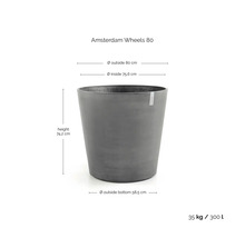 Bac à fleurs conique gris Amsterdam Wheels 80, hauteur 74,2 centimètres, diamètre 80 centimètres, 35 kilogrammes, 300 litres.