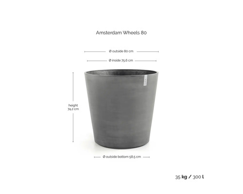 Bac à fleurs conique gris Amsterdam Wheels 80, hauteur 74,2 centimètres, diamètre 80 centimètres, 35 kilogrammes, 300 litres.