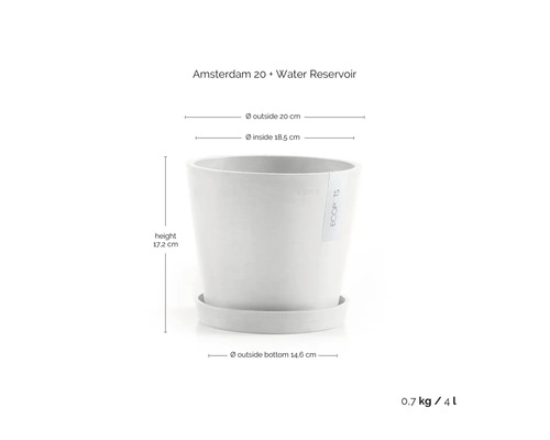 Pot de fleurs Ecopots Amsterdam 20 avec réservoir d'eau, diamètre 20 centimètres, hauteur 17,2 centimètres, volume 4 litres.
