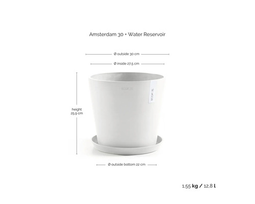 Pot de fleurs Ecopots Amsterdam 30 avec réservoir d'eau, hauteur 25,9 centimètres, diamètre extérieur 30 centimètres, volume 12,8 litres.