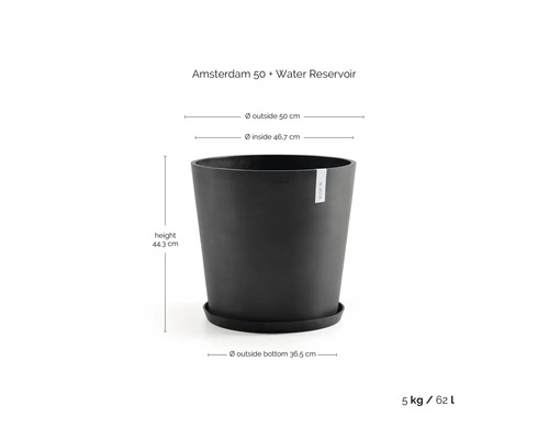 Blumentopf Amsterdam 50 mit Wasserreservoir, Höhe 44,3 Zentimeter, Außendurchmesser 50 Zentimeter, Volumen 62 Liter.