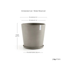 Pot de fleurs Ecopots Amsterdam 50 avec réservoir d'eau, diamètre 50 centimètres, hauteur 44,3 centimètres, volume 62 litres, poids 5 kilogrammes.