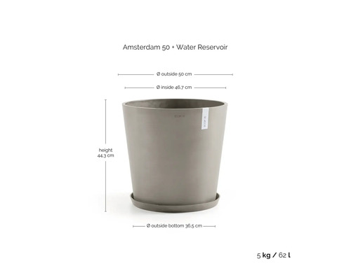Pot de fleurs Ecopots Amsterdam 50 avec réservoir d'eau, diamètre 50 centimètres, hauteur 44,3 centimètres, volume 62 litres, poids 5 kilogrammes.