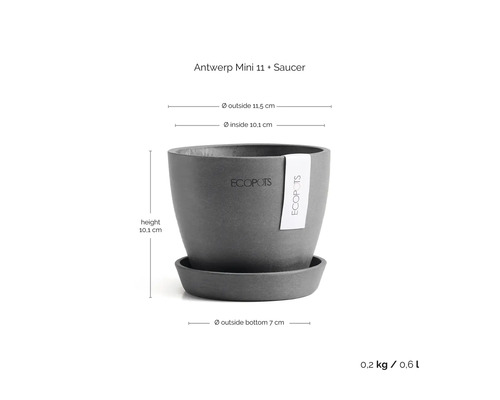 Pot de fleurs Ecopots Antwerp Mini 11 avec soucoupe. Hauteur 10,1 centimètres, diamètre extérieur 11,5 centimètres, volume 0,6 litre. Logo Ecopots.