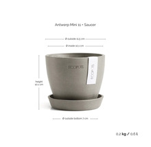 Pot de fleurs Ecopots Antwerp Mini 11 avec soucoupe, hauteur 10,1 centimètres, diamètre 11,5 centimètres.