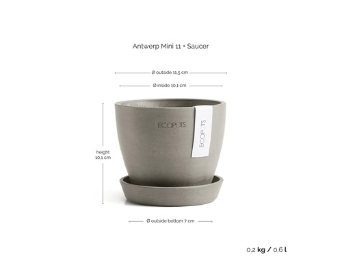 Pot de fleurs Ecopots Antwerp Mini 11 avec soucoupe, hauteur 10,1 centimètres, diamètre 11,5 centimètres.