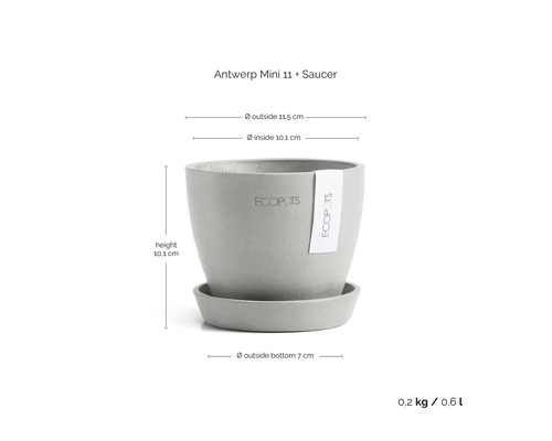 Pot Ecopots Antwerp Mini avec soucoupe, hauteur 10,1 centimètres, diamètre extérieur 11,5 centimètres, diamètre intérieur 10,1 centimètres.