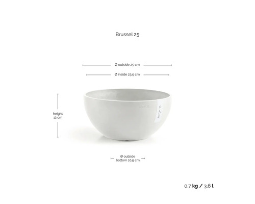 Pflanzschale Brussel 25 von Ecopots: Außendurchmesser 25 Zentimeter, Höhe 12 Zentimeter, Gewicht 0,7 Kilogramm, Volumen 3,6 Liter.