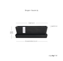 Jardinière rectangulaire ECOPOTS Bruges avec soucoupe, longueur 25 centimètres, profondeur 8,7 centimètres, hauteur 8,5 centimètres, volume 1 litre.