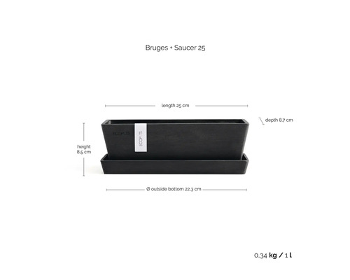 Jardinière rectangulaire ECOPOTS Bruges avec soucoupe, longueur 25 centimètres, profondeur 8,7 centimètres, hauteur 8,5 centimètres, volume 1 litre.
