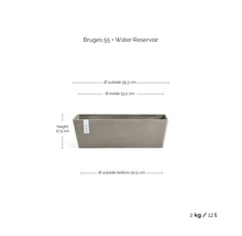 Jardinière rectangulaire Bruges 55 avec réservoir d'eau, largeur 55,3 centimètres, hauteur 17,5 centimètres, volume 12 litres, poids 2 kilogrammes.