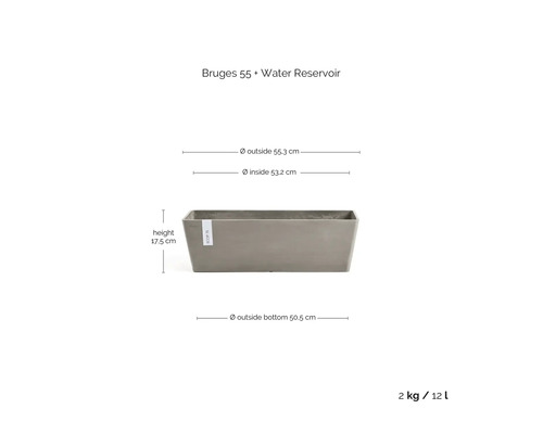 Jardinière rectangulaire Bruges 55 avec réservoir d'eau, largeur 55,3 centimètres, hauteur 17,5 centimètres, volume 12 litres, poids 2 kilogrammes.