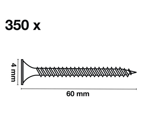 Technische Zeichnung einer Schraube mit den Maßen 4 mm und 60 mm, Packung mit 350 Stück