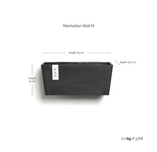 Ecopots Manhattan Wall M: longueur 35 centimètres, hauteur 15 centimètres, profondeur 17,2 centimètres, poids 2,1 kilogrammes, volume 5,6 litres.