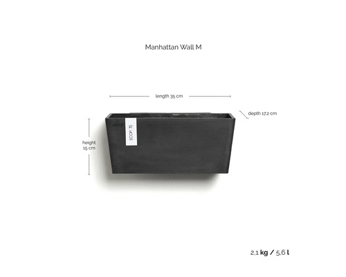 Ecopots Manhattan Wall M: longueur 35 centimètres, hauteur 15 centimètres, profondeur 17,2 centimètres, poids 2,1 kilogrammes, volume 5,6 litres.